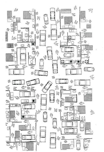 Diseño de plano de casa caótica con muchos coches aparcados dentro