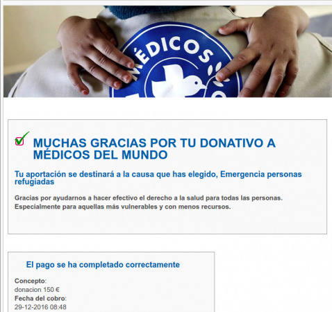 donación médicos del mundo 2016 de 150 euros