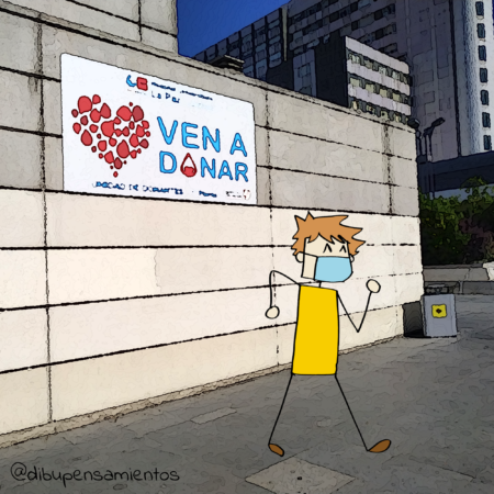 dibujo de Olga que va a donar sangre, fondo hospital La Paz de Madrid