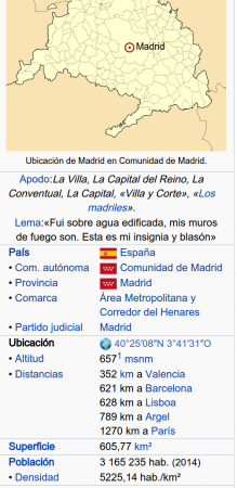 Captura de pantalla de la tabla de datos en Wikipedia de la entrada de Madrid