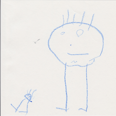 Un monigote grande y uno pequeño. Primer dibujo narrativo de una niña llamada Ada. La niña está enfadada porque no puede encontrar a su madre.