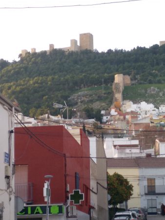 Castillo visto desde la ciudad. Tiene varias torres, la mayor a la derecha. Se ve bastante bosque alrededor